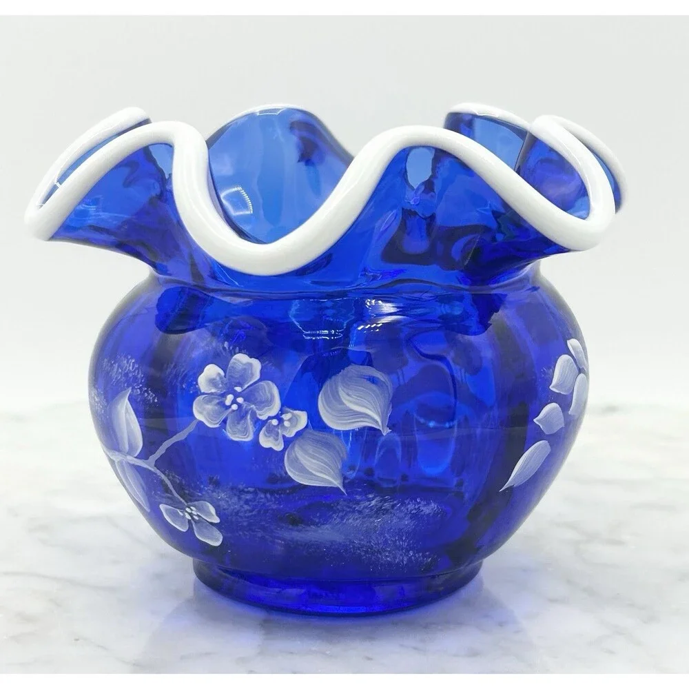 Fenton Cobalt Blue Snow Crest Rose Bowl Birds & Flowers Signed & Handpainted